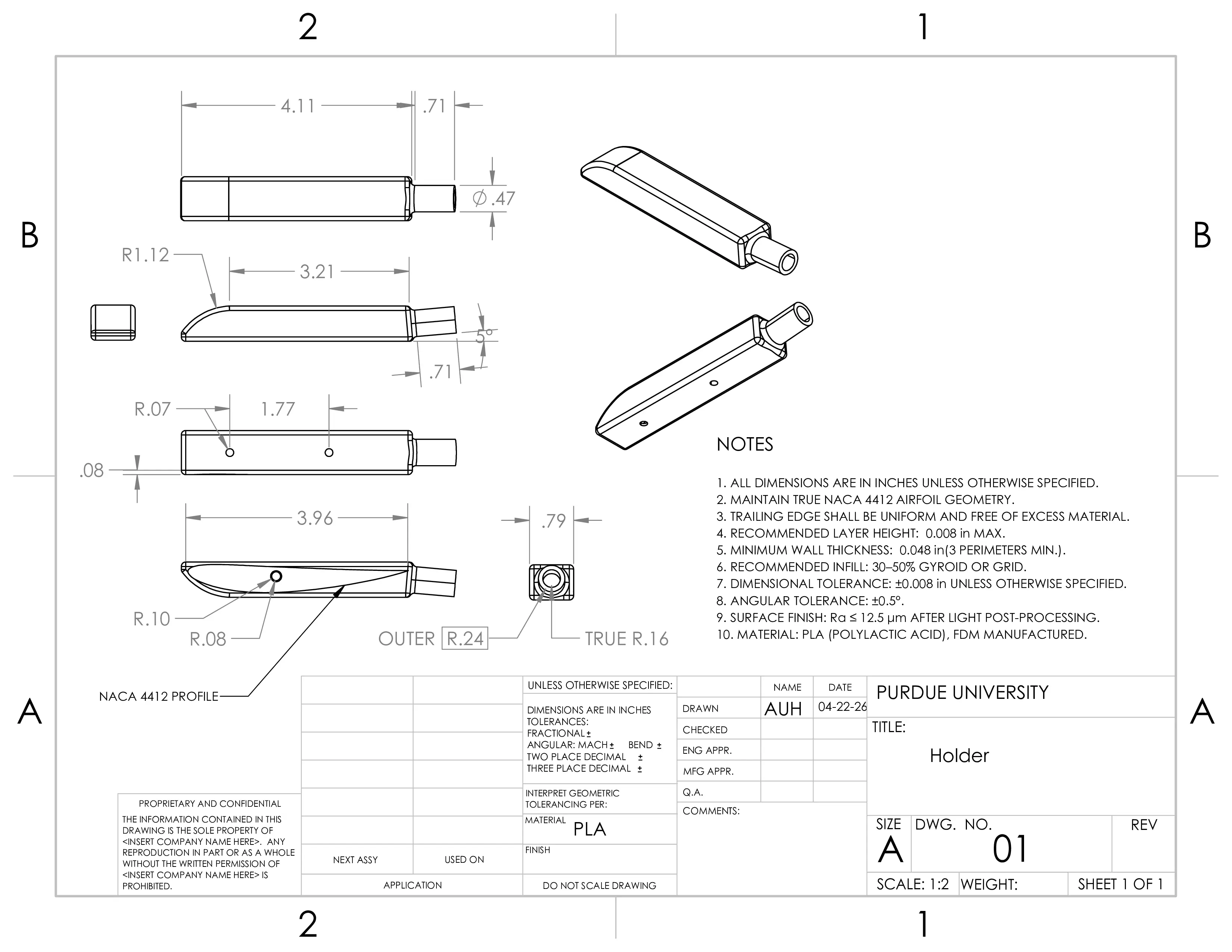 Airfoil mounting holder engineering drawing