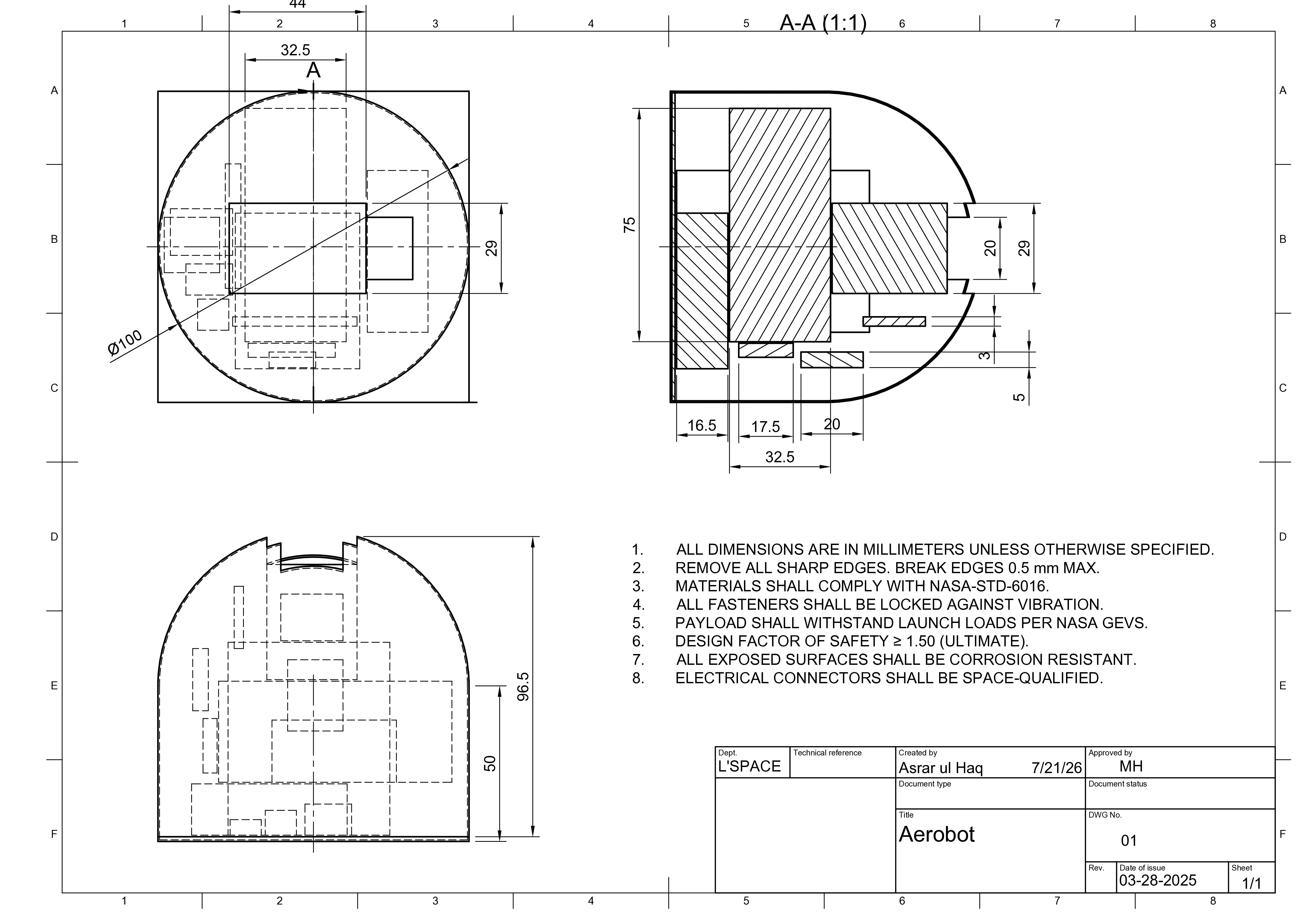 Dimensioned engineering drawing of the Aerobot payload — top view, section A-A, and isometric projection with title block (DWG 01, NASA-STD-6016 compliant)